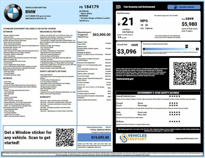 Vehicle history report preview